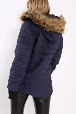 Rebellious Fashion Navy Padded Coat with Fur Hood - Francesca