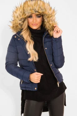 Rebellious Fashion Navy Padded Coat with Fur Trim Hood - Helena