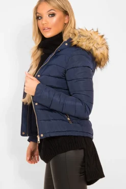 Rebellious Fashion Navy Padded Coat with Fur Trim Hood - Helena