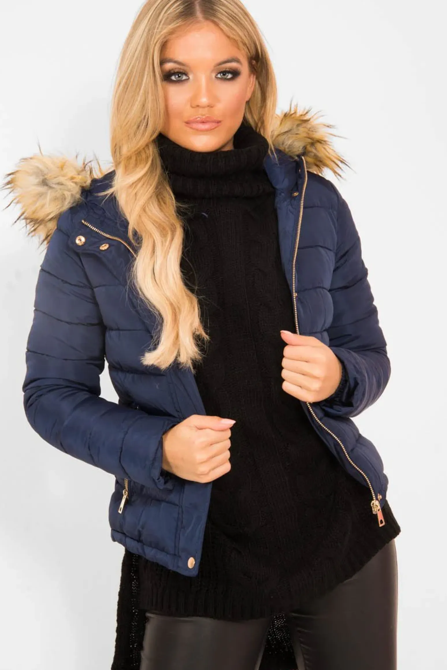 Rebellious Fashion Navy Padded Coat with Fur Trim Hood - Helena