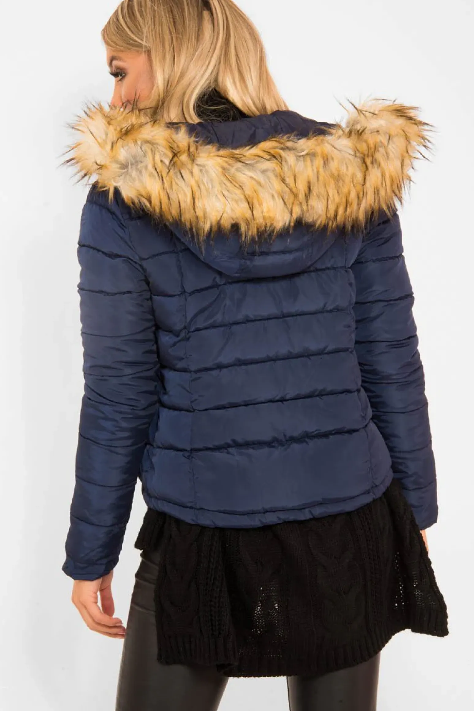 Rebellious Fashion Navy Padded Coat with Fur Trim Hood - Helena