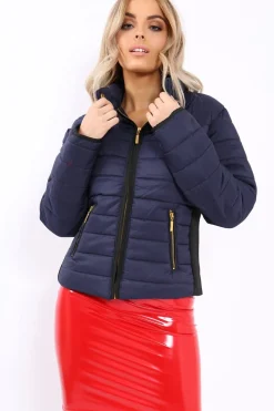 Rebellious Fashion Navy Padded Coat with Side Panel Detail - Tallula
