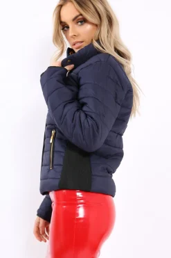 Rebellious Fashion Navy Padded Coat with Side Panel Detail - Tallula