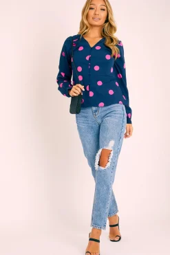 Rebellious Fashion Navy Pink Polka Dot Button Up Plunge Neck Blouse - Penny