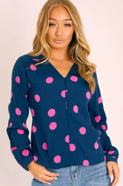 Rebellious Fashion Navy Pink Polka Dot Button Up Plunge Neck Blouse - Penny