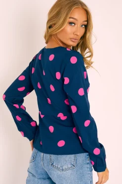 Rebellious Fashion Navy Pink Polka Dot Button Up Plunge Neck Blouse - Penny