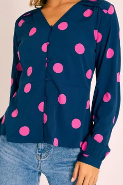 Rebellious Fashion Navy Pink Polka Dot Button Up Plunge Neck Blouse - Penny