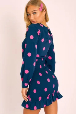 Rebellious Fashion Navy Pink Polka Dot Ruched Shirt Top Dress - Jaila