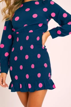 Rebellious Fashion Navy Pink Polka Dot Ruched Shirt Top Dress - Jaila