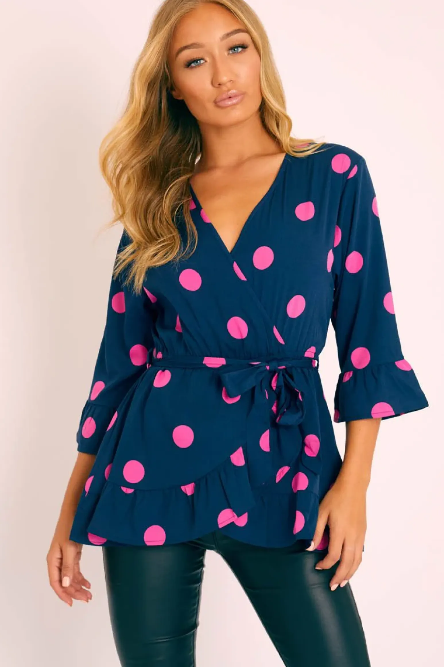 Rebellious Fashion Navy Pink Polka Wrap Belted Blouse - Isha