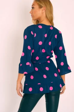 Rebellious Fashion Navy Pink Polka Wrap Belted Blouse - Isha