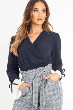 Rebellious Fashion Navy Plunge Shirred Waist Pleated Sleeve Blouse - Skylar