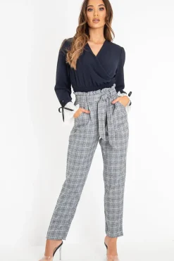 Rebellious Fashion Navy Plunge Shirred Waist Pleated Sleeve Blouse - Skylar