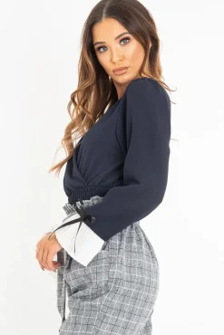 Rebellious Fashion Navy Plunge Shirred Waist Pleated Sleeve Blouse - Skylar