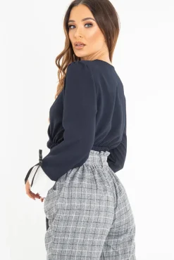 Rebellious Fashion Navy Plunge Shirred Waist Pleated Sleeve Blouse - Skylar