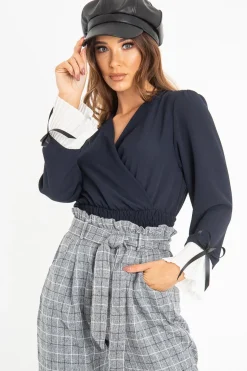 Rebellious Fashion Navy Plunge Shirred Waist Pleated Sleeve Blouse - Skylar