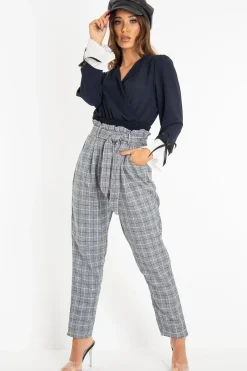 Rebellious Fashion Navy Plunge Shirred Waist Pleated Sleeve Blouse - Skylar