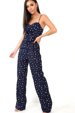 Rebellious Fashion Navy Polka Dot Tie Front Cut Out Jumpsuit - Callen