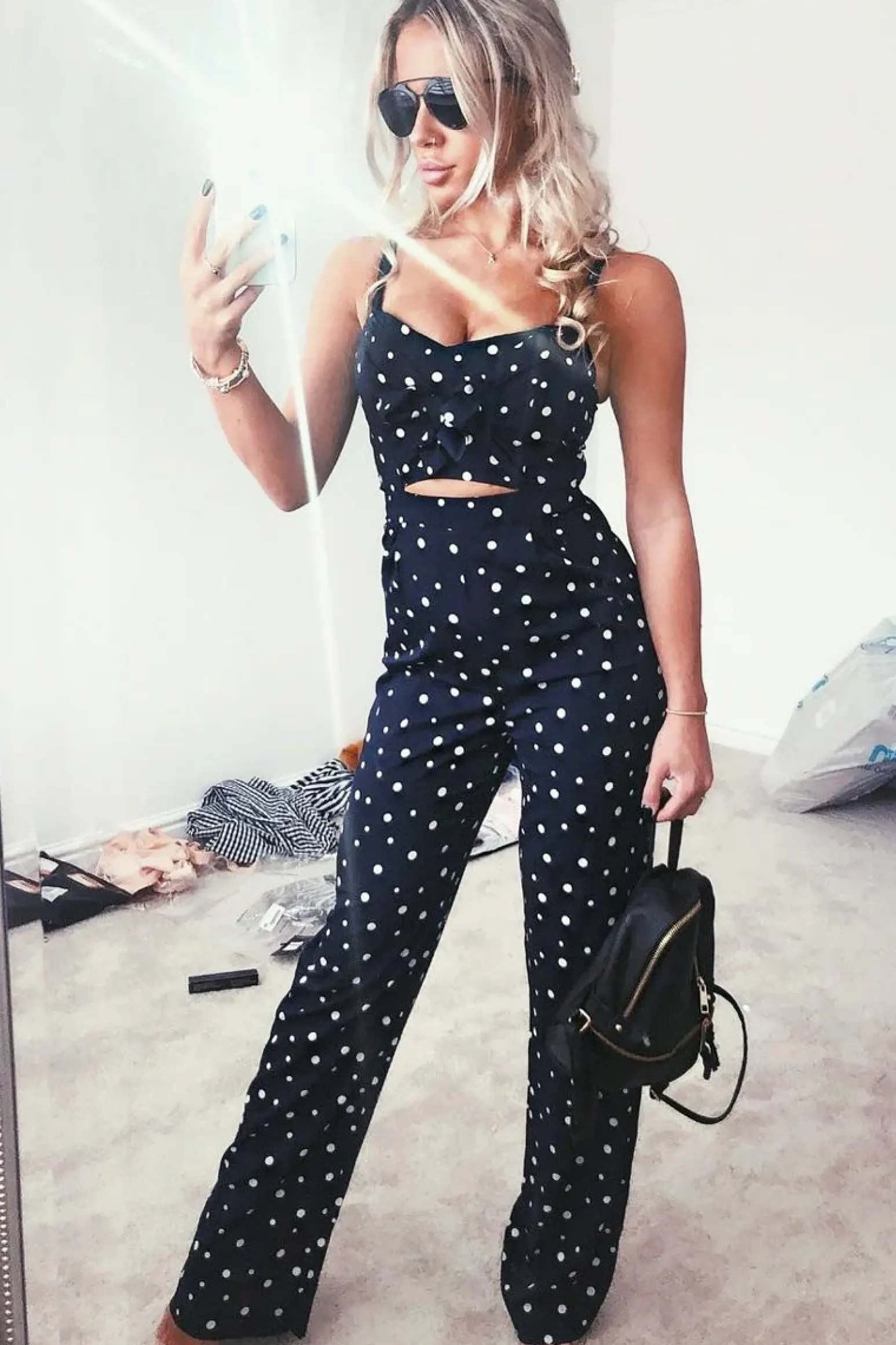 Rebellious Fashion Navy Polka Dot Tie Front Cut Out Jumpsuit - Callen