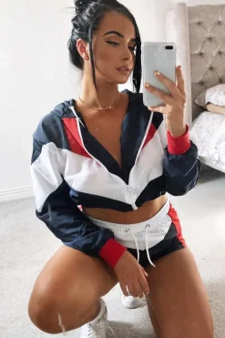 Rebellious Fashion Navy Red Colour Block Hooded Jacket Shorts Tracksuit Co-ord - Jettie