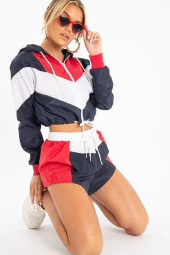 Rebellious Fashion Navy Red Colour Block Hooded Jacket Shorts Tracksuit Co-ord - Jettie