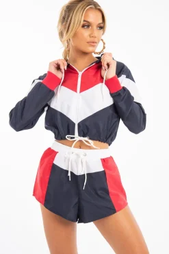 Rebellious Fashion Navy Red Colour Block Hooded Jacket Shorts Tracksuit Co-ord - Jettie