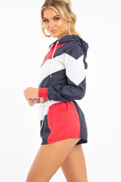 Rebellious Fashion Navy Red Colour Block Hooded Jacket Shorts Tracksuit Co-ord - Jettie