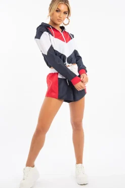 Rebellious Fashion Navy Red Colour Block Hooded Jacket Shorts Tracksuit Co-ord - Jettie