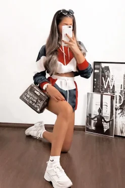 Rebellious Fashion Navy Red Colour Block Hooded Jacket Shorts Tracksuit Co-ord - Jettie