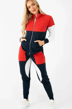 Rebellious Fashion Navy Red White Colour Block Tracksuit - Karalynn
