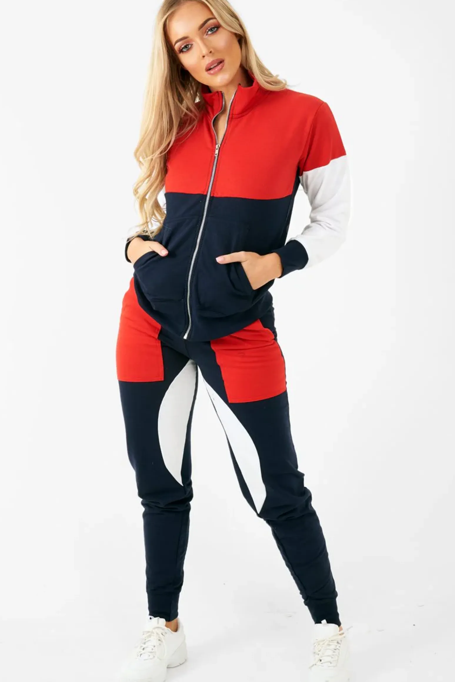 Rebellious Fashion Navy Red White Colour Block Tracksuit - Karalynn