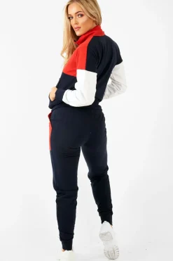 Rebellious Fashion Navy Red White Colour Block Tracksuit - Karalynn