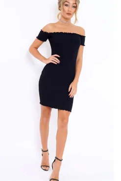 Rebellious Fashion Navy Ribbed Frill Hem Bardot Bodycon Dress - Kamille