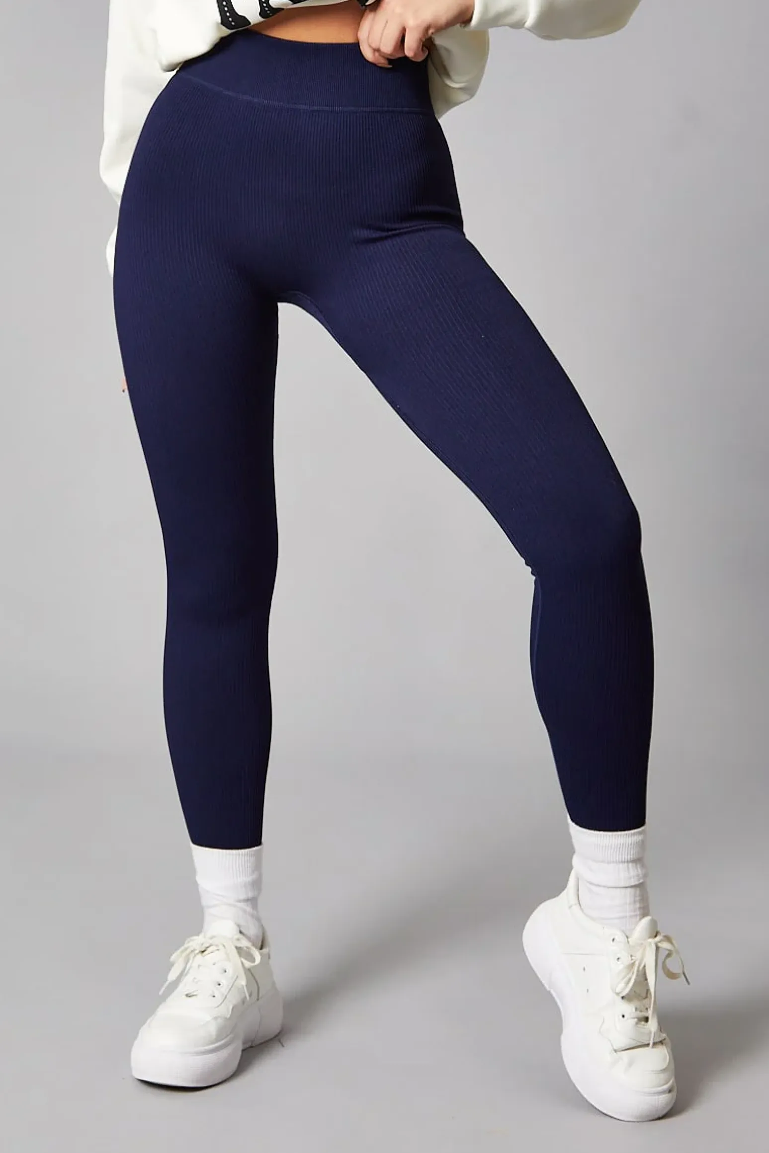 Rebellious Fashion Navy Rib Knit High Waisted Leggings - Ren