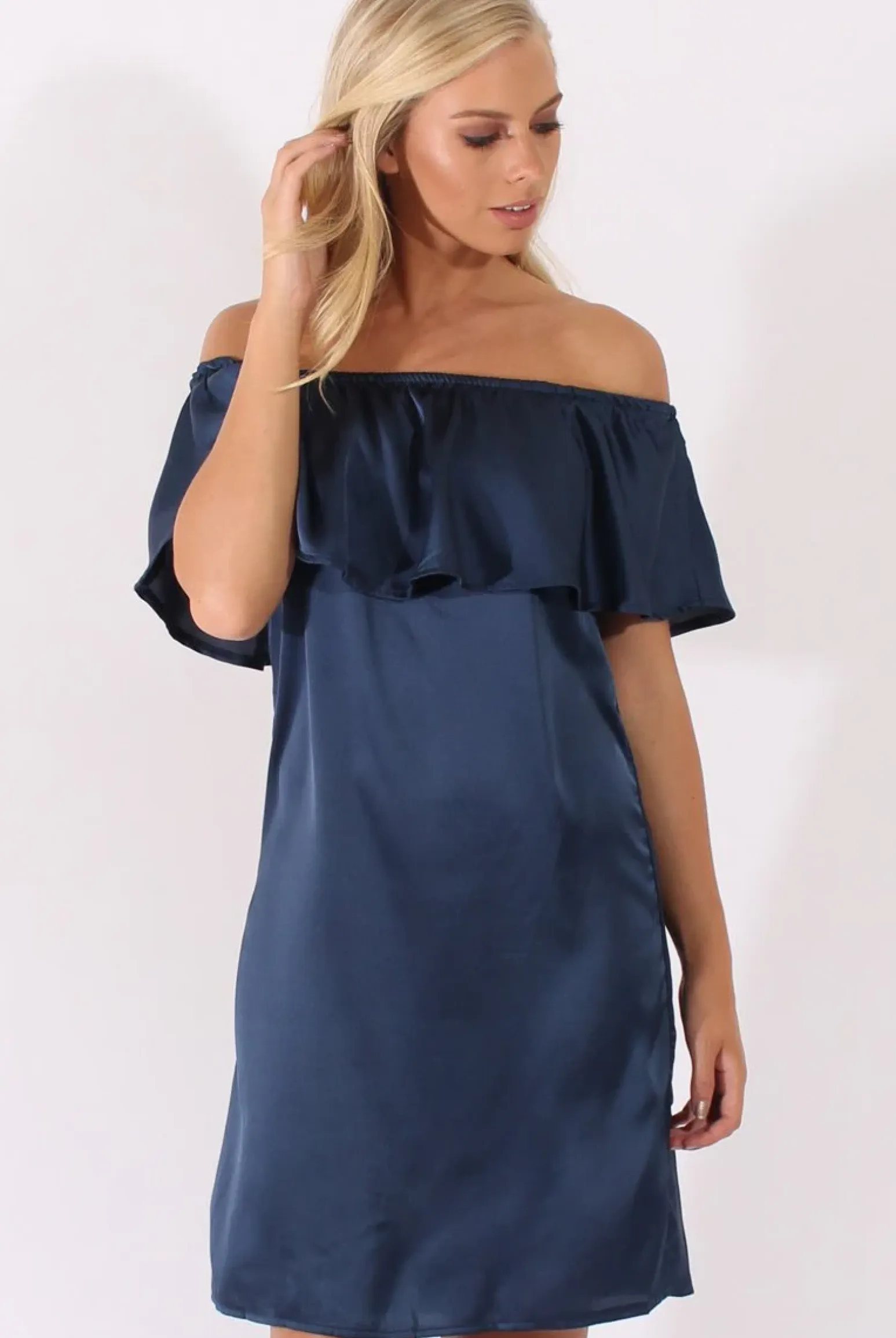 Rebellious Fashion Navy Satin Bardot Frill Dress - Alura
