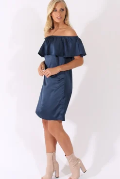 Rebellious Fashion Navy Satin Bardot Frill Dress - Alura