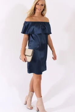 Rebellious Fashion Navy Satin Bardot Frill Dress - Alura