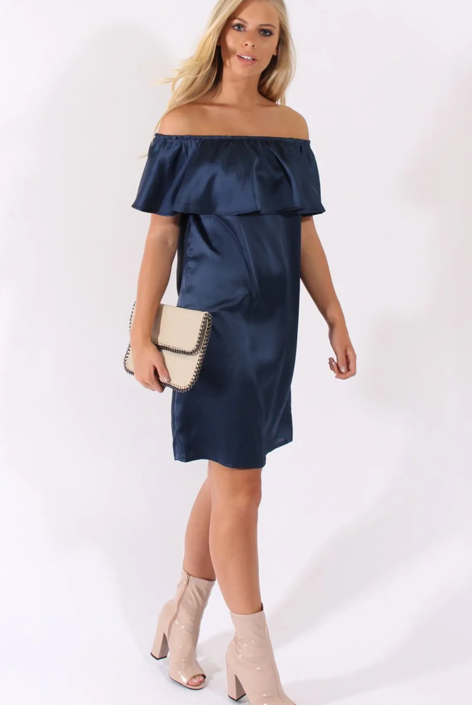 Rebellious Fashion Navy Satin Bardot Frill Dress - Alura
