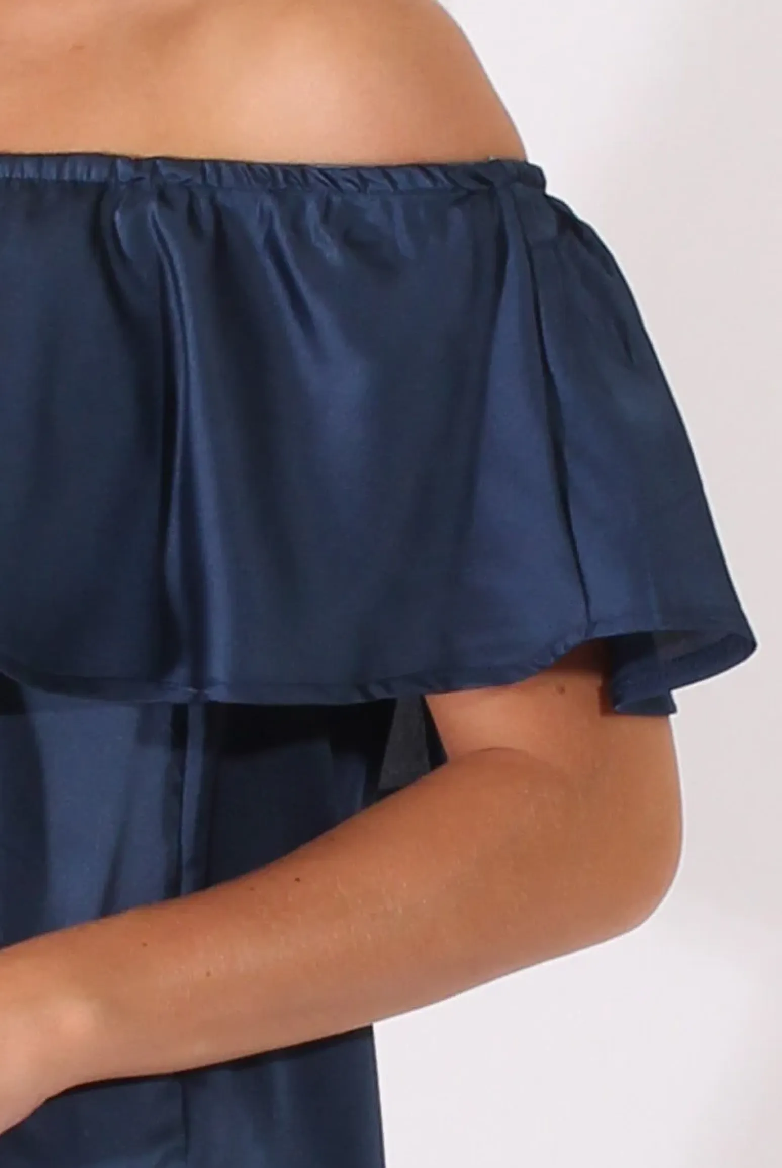 Rebellious Fashion Navy Satin Bardot Frill Dress - Alura