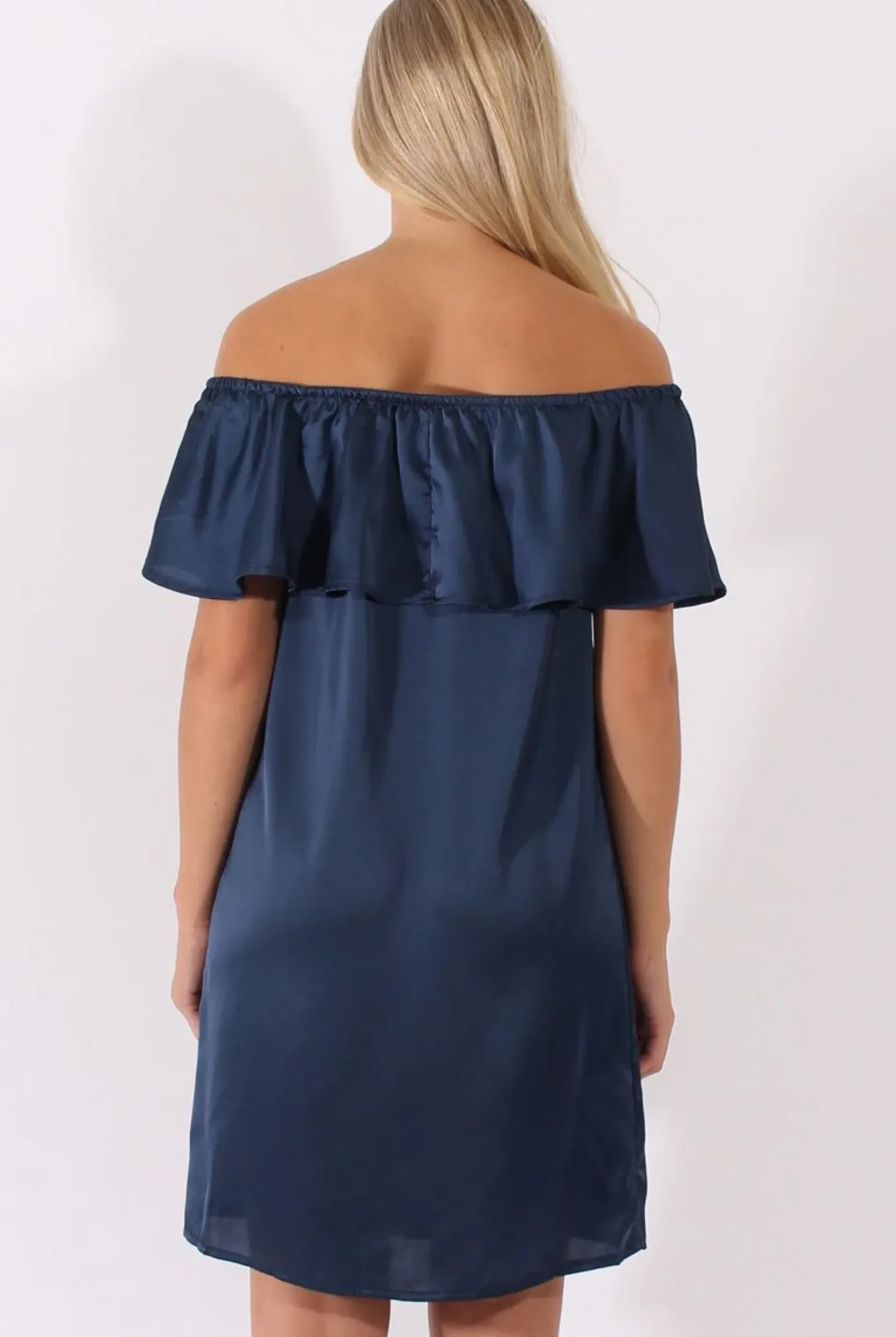 Rebellious Fashion Navy Satin Bardot Frill Dress - Alura