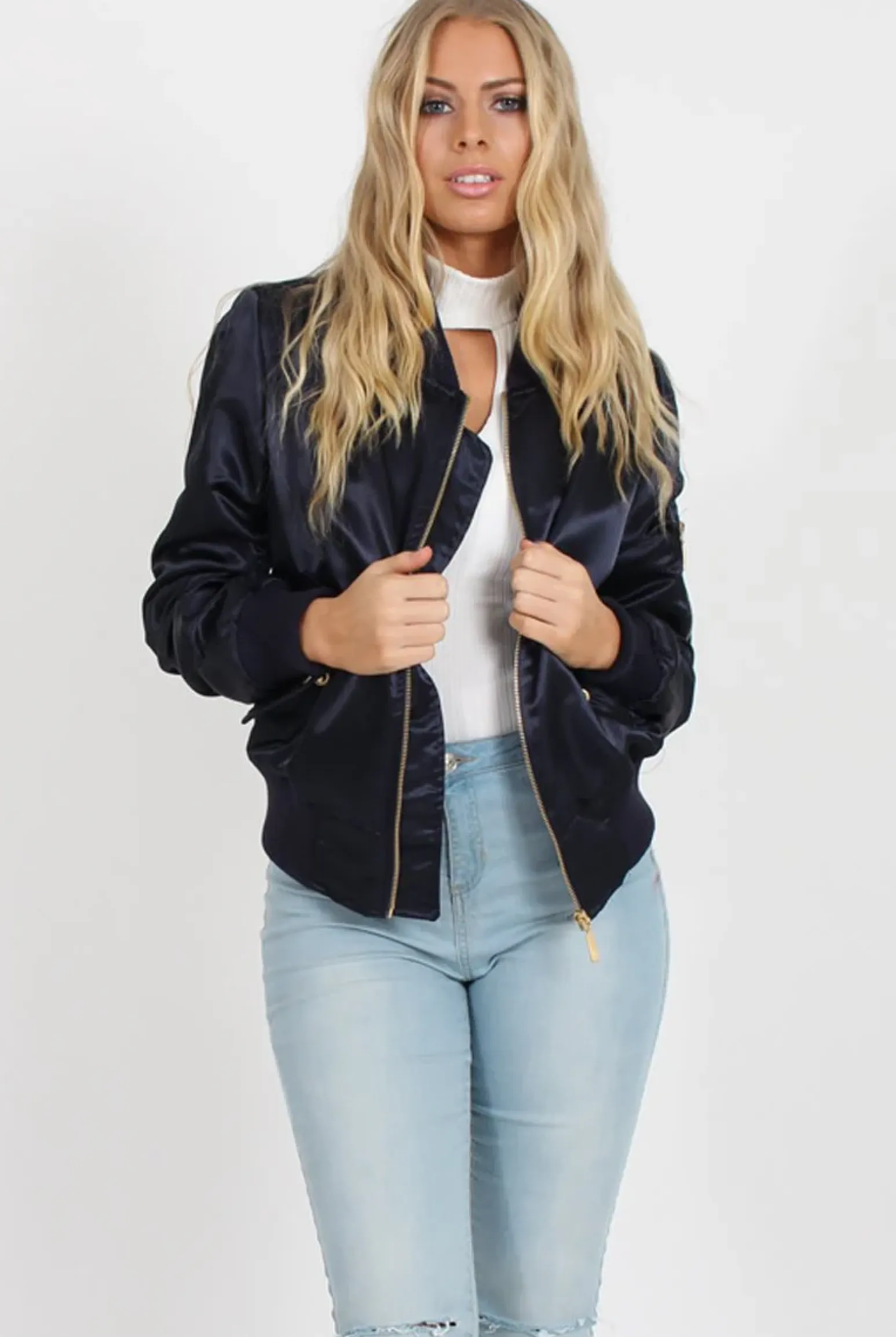 Rebellious Fashion Navy Satin Bomber Jacket - Neve