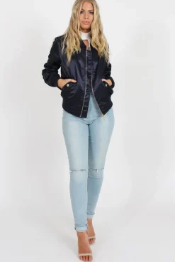 Rebellious Fashion Navy Satin Bomber Jacket - Neve