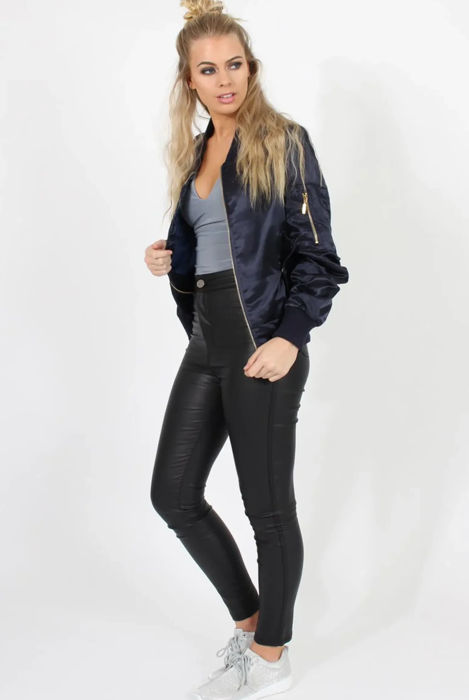 Rebellious Fashion Navy Satin Bomber Jacket - Neve