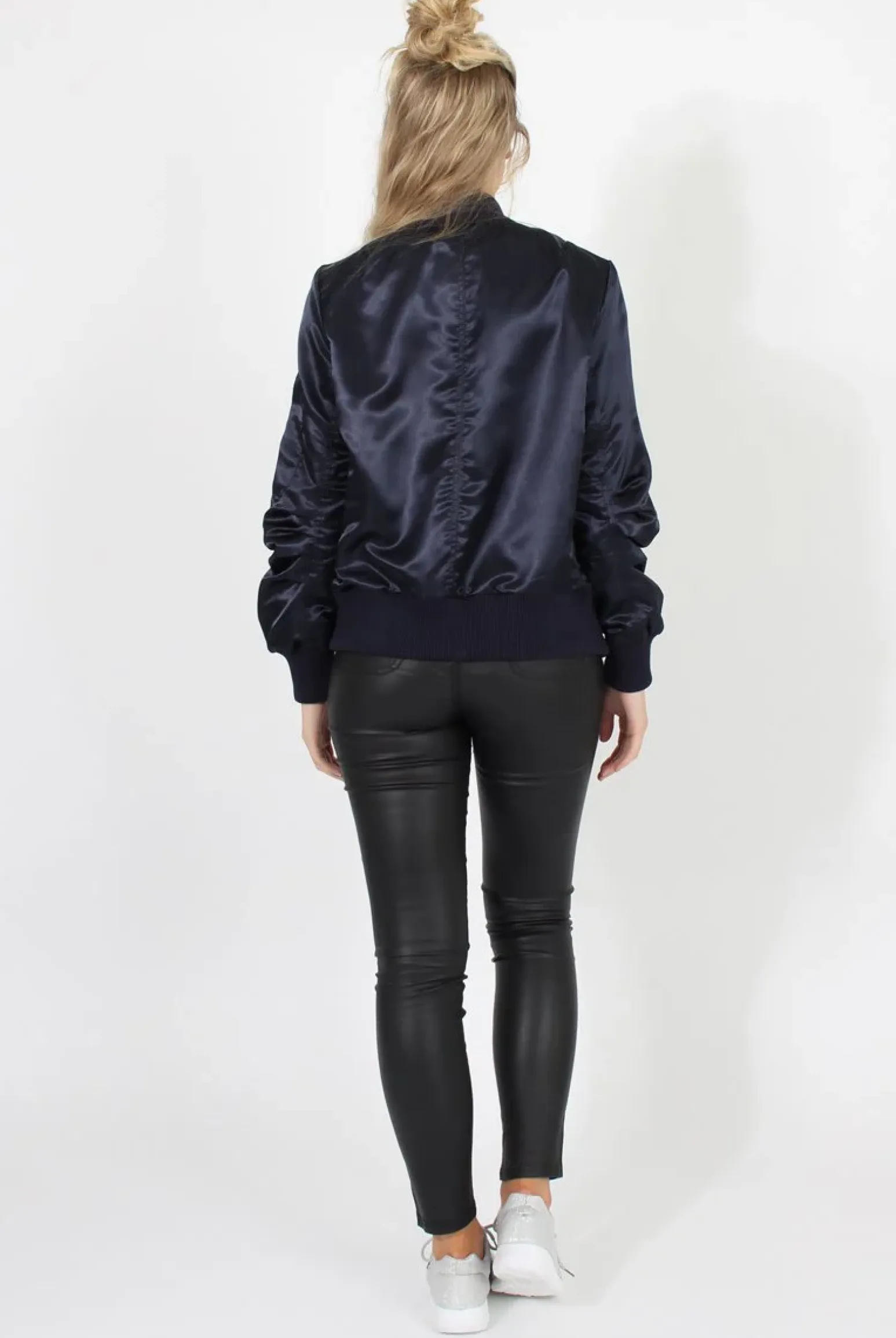 Rebellious Fashion Navy Satin Bomber Jacket - Neve