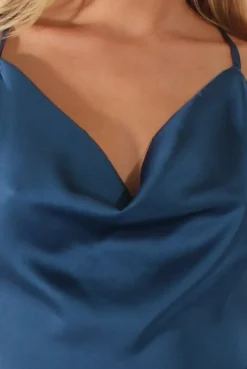 Rebellious Fashion Navy Satin Cowl Neck Playsuit - Kasia