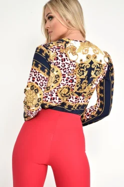 Rebellious Fashion Navy Scarf Print Plunge Long Sleeve Bodysuit - Taylie