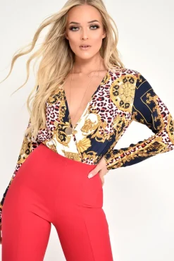 Rebellious Fashion Navy Scarf Print Plunge Long Sleeve Bodysuit - Taylie