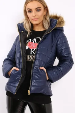 Rebellious Fashion Navy Shiny Puffer Coat with Fur Hood - Idy