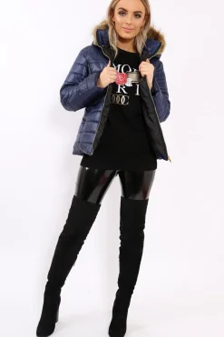 Rebellious Fashion Navy Shiny Puffer Coat with Fur Hood - Idy