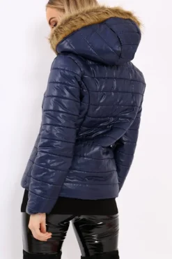 Rebellious Fashion Navy Shiny Puffer Coat with Fur Hood - Idy